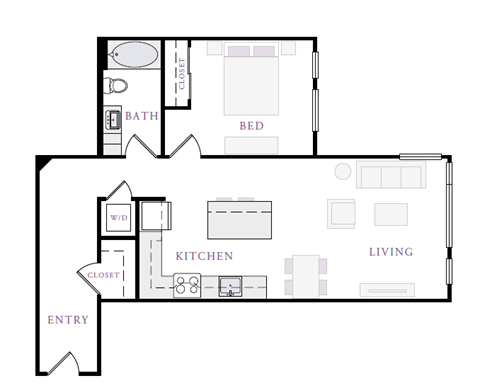 Floor plan for 1 bed, 1 bath, 817 sqft
